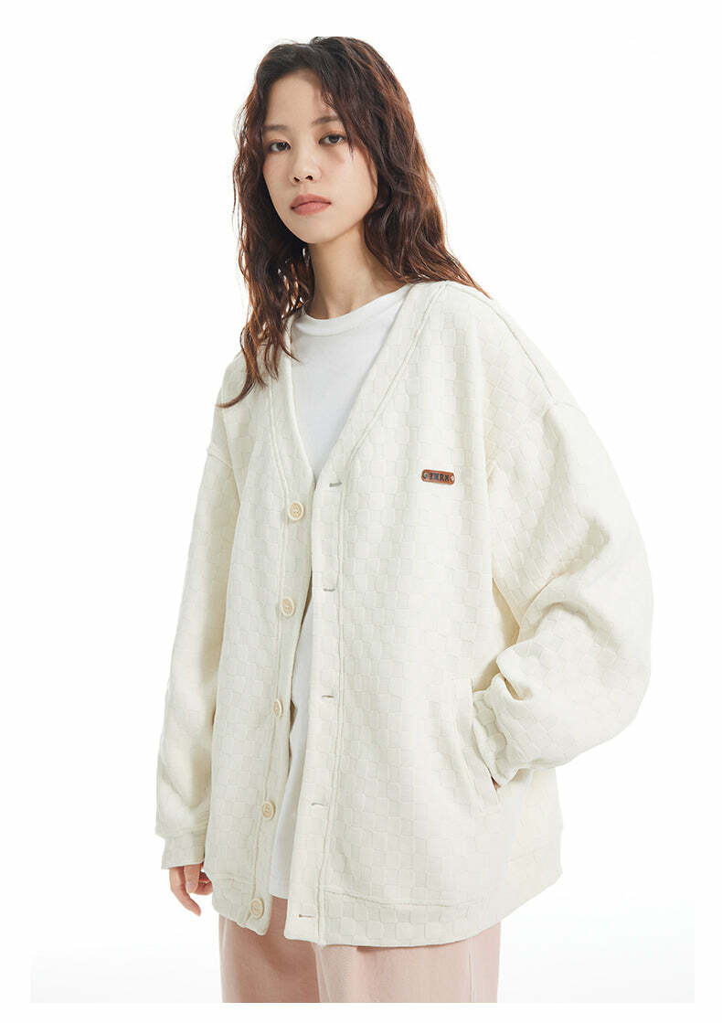 INRM Textured Check Cardigan - Y2K Summer Grunge, 90s Retro, Pastel Goth, Y2K Party Outfit
