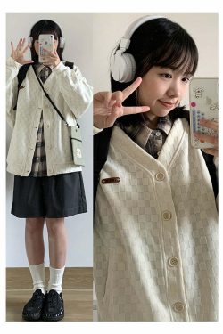 INRM Textured Check Cardigan - Y2K Summer Grunge, 90s Retro, Pastel Goth, Y2K Party Outfit