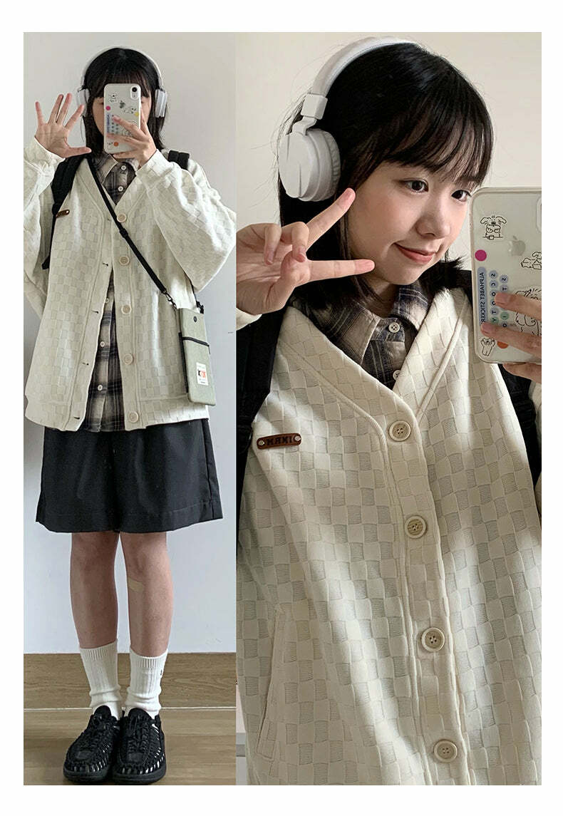 INRM Textured Check Cardigan - Y2K Summer Grunge, 90s Retro, Pastel Goth, Y2K Party Outfit