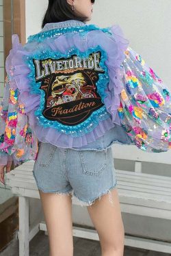 Italian Blue Tulle Ruffled Sequins Floral Patchwork Denim Coat - Y2K Grunge 90s Retro Fashion