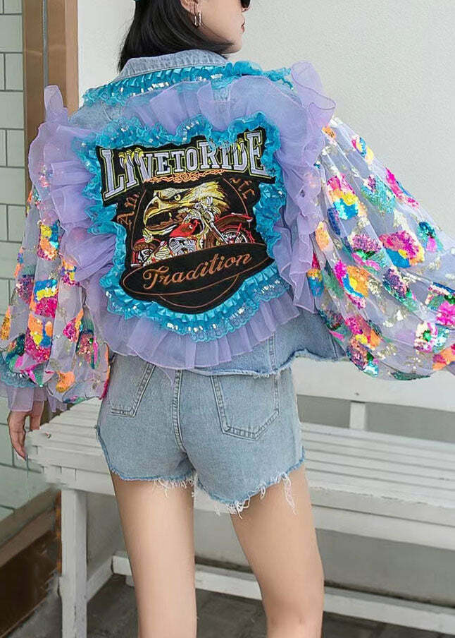 Italian Blue Tulle Ruffled Sequins Floral Patchwork Denim Coat - Y2K Grunge 90s Retro Fashion