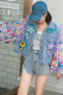 Italian Blue Tulle Ruffled Sequins Floral Patchwork Denim Coat - Y2K Grunge 90s Retro Fashion