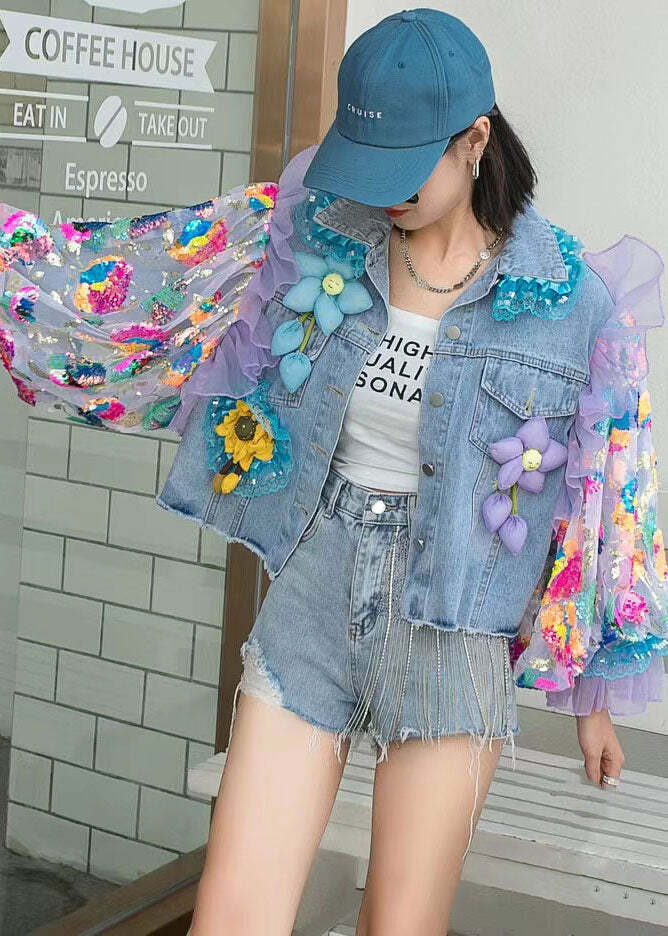 Italian Blue Tulle Ruffled Sequins Floral Patchwork Denim Coat - Y2K Grunge 90s Retro Fashion