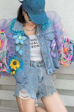 Italian Blue Tulle Ruffled Sequins Floral Patchwork Denim Coat - Y2K Grunge 90s Retro Fashion
