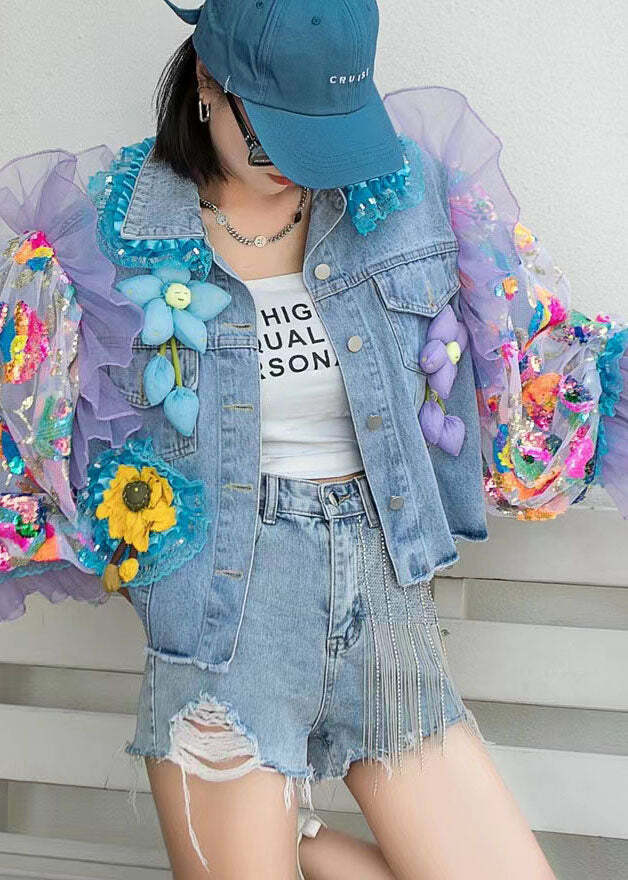 Italian Blue Tulle Ruffled Sequins Floral Patchwork Denim Coat - Y2K Grunge 90s Retro Fashion