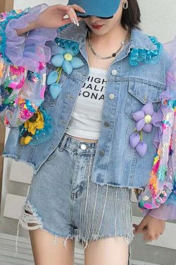 Italian Blue Tulle Ruffled Sequins Floral Patchwork Denim Coat - Y2K Grunge 90s Retro Fashion