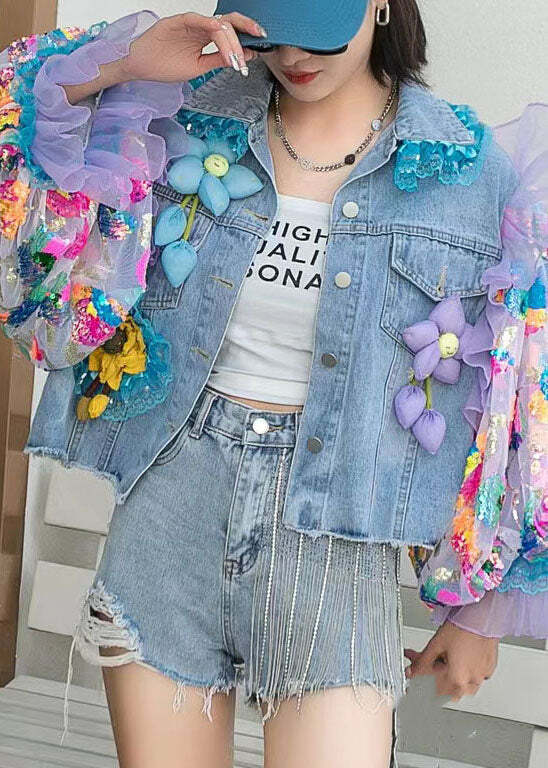 Italian Blue Tulle Ruffled Sequins Floral Patchwork Denim Coat - Y2K Grunge 90s Retro Fashion