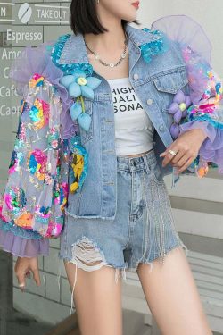 Italian Blue Tulle Ruffled Sequins Floral Patchwork Denim Coat - Y2K Grunge 90s Retro Fashion
