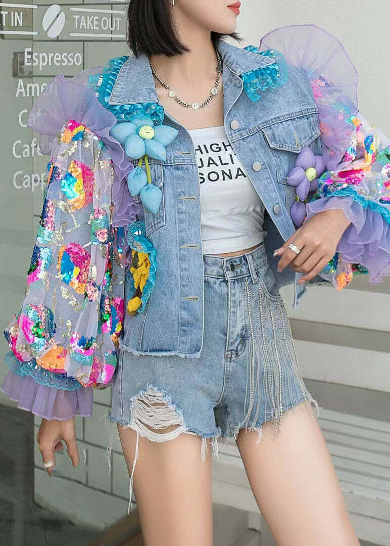 Italian Blue Tulle Ruffled Sequins Floral Patchwork Denim Coat - Y2K Grunge 90s Retro Fashion
