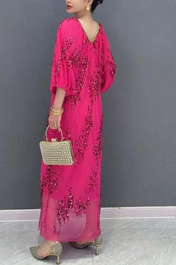 Italian Rose V Neck Sequins Tulle Long Dress - Y2K Summer, 90s Grunge, Retro Party Outfit