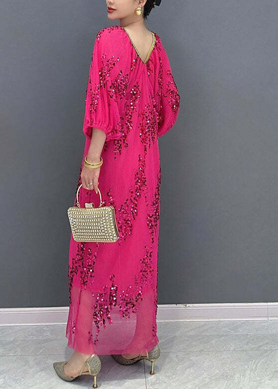 Italian Rose V Neck Sequins Tulle Long Dress - Y2K Summer, 90s Grunge, Retro Party Outfit