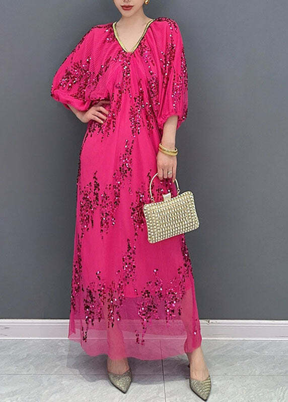 Italian Rose V Neck Sequins Tulle Long Dress - Y2K Summer, 90s Grunge, Retro Party Outfit