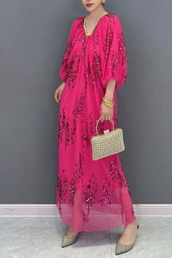 Italian Rose V Neck Sequins Tulle Long Dress - Y2K Summer, 90s Grunge, Retro Party Outfit