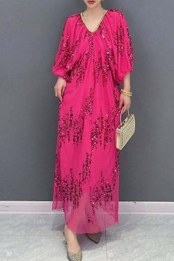 Italian Rose V Neck Sequins Tulle Long Dress - Y2K Summer, 90s Grunge, Retro Party Outfit