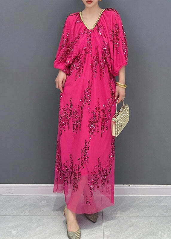 Italian Rose V Neck Sequins Tulle Long Dress - Y2K Summer, 90s Grunge, Retro Party Outfit