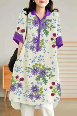Jade Blue-Flower Linen Shirt Dress - Y2K Summer, 90s Grunge, Retro Style, Y2K Party Outfit