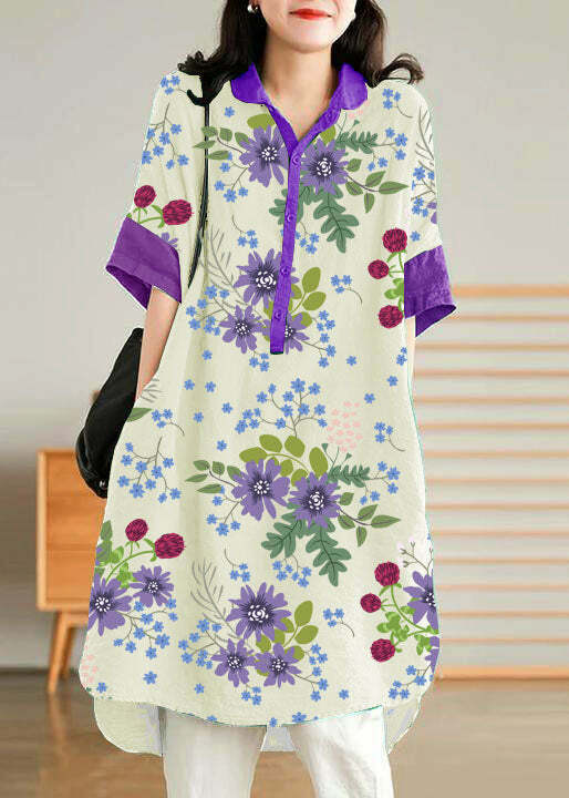 Jade Blue-Flower Linen Shirt Dress - Y2K Summer, 90s Grunge, Retro Style, Y2K Party Outfit