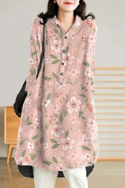 Jade Blue-Flower Linen Shirt Dress - Y2K Summer, 90s Grunge, Retro Style, Y2K Party Outfit