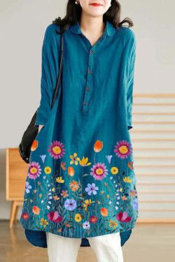 Jade Blue-Flower Linen Shirt Dress - Y2K Summer, 90s Grunge, Retro Style, Y2K Party Outfit