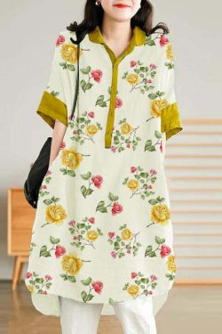Jade Blue-Flower Linen Shirt Dress - Y2K Summer, 90s Grunge, Retro Style, Y2K Party Outfit