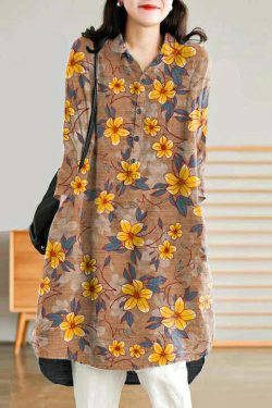 Jade Blue-Flower Linen Shirt Dress - Y2K Summer, 90s Grunge, Retro Style, Y2K Party Outfit