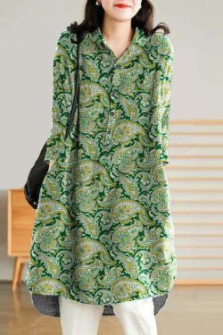 Jade Blue-Flower Linen Shirt Dress - Y2K Summer, 90s Grunge, Retro Style, Y2K Party Outfit