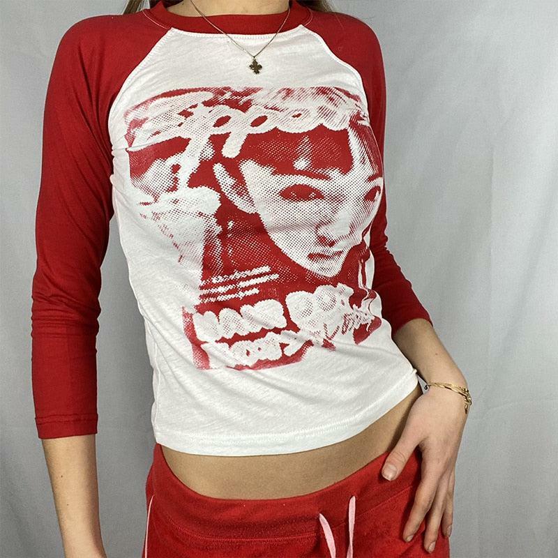 Kara Y2K 90s Graphic Print Sleeved T-Shirt - Retro Grunge Summer Outfit, Y2K Fashion Top