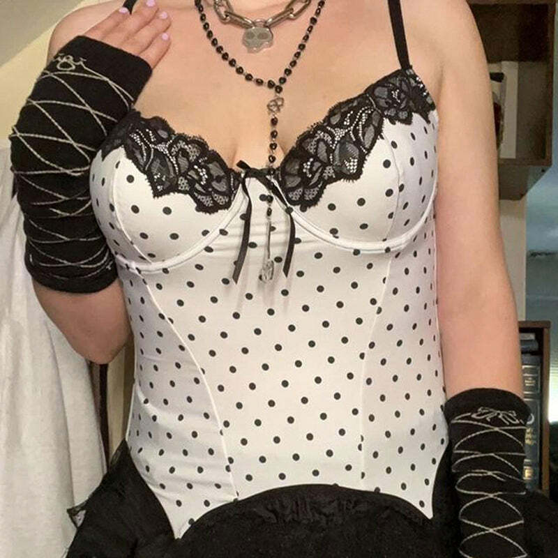 Karime Y2K Polka-Dot Lace Corset Top - 90s Grunge, Retro, Summer, Party, and Club Outfits