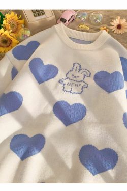 Kawaii Aesthetic Blue Bunny Hearts Sweater - Y2K Summer, 90s Grunge, Retro Pastel Goth Outfit