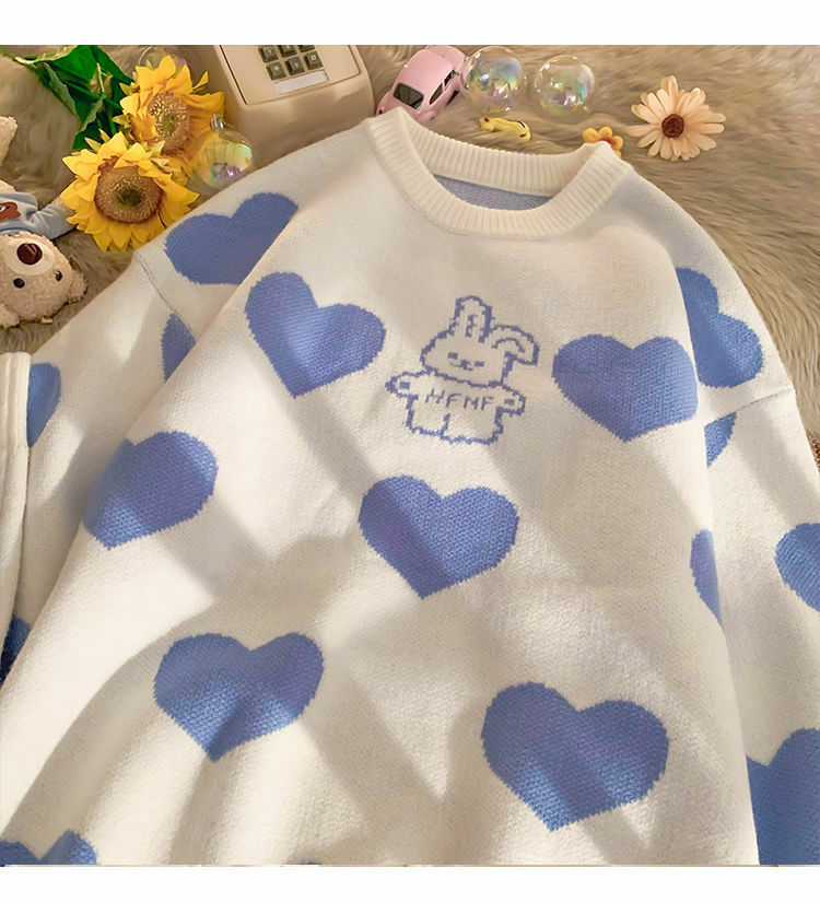 Kawaii Aesthetic Blue Bunny Hearts Sweater - Y2K Summer, 90s Grunge, Retro Pastel Goth Outfit