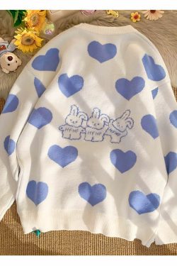 Kawaii Aesthetic Blue Bunny Hearts Sweater - Y2K Summer, 90s Grunge, Retro Pastel Goth Outfit