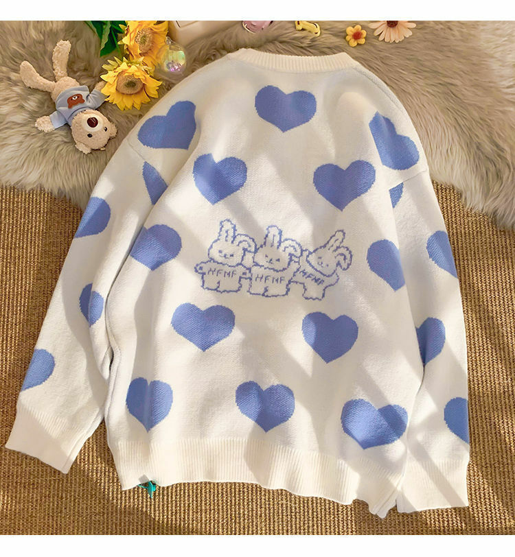 Kawaii Aesthetic Blue Bunny Hearts Sweater - Y2K Summer, 90s Grunge, Retro Pastel Goth Outfit
