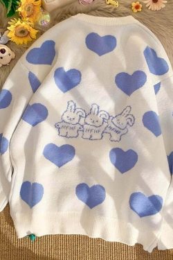 Kawaii Aesthetic Blue Bunny Hearts Sweater - Y2K Summer, 90s Grunge, Retro Pastel Goth Outfit