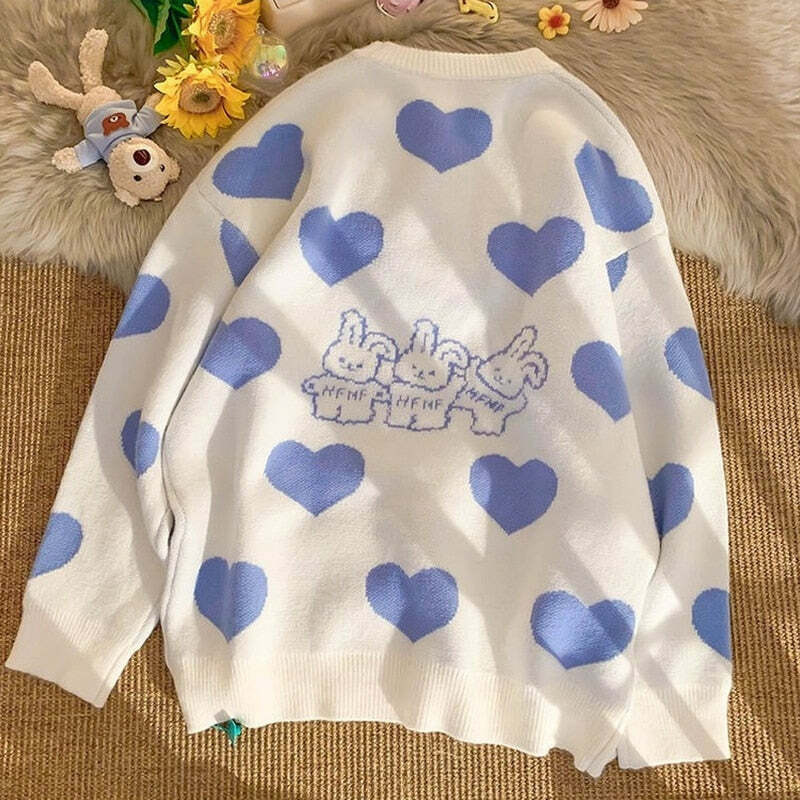 Kawaii Aesthetic Blue Bunny Hearts Sweater - Y2K Summer, 90s Grunge, Retro Pastel Goth Outfit