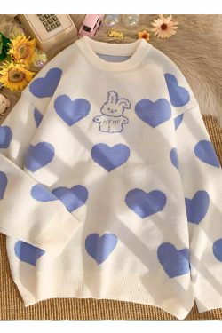 Kawaii Aesthetic Blue Bunny Hearts Sweater - Y2K Summer, 90s Grunge, Retro Pastel Goth Outfit