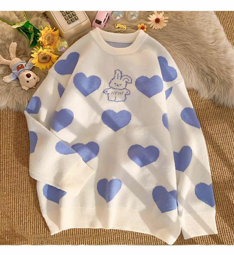 Kawaii Aesthetic Blue Bunny Hearts Sweater - Y2K Summer, 90s Grunge, Retro Pastel Goth Outfit