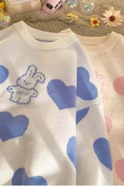 Kawaii Aesthetic Blue Bunny Hearts Sweater - Y2K Summer, 90s Grunge, Retro Pastel Goth Outfit