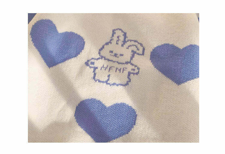 Kawaii Aesthetic Blue Bunny Hearts Sweater - Y2K Summer, 90s Grunge, Retro Pastel Goth Outfit