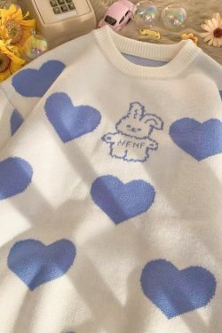 Kawaii Aesthetic Blue Bunny Hearts Sweater - Y2K Summer, 90s Grunge, Retro Pastel Goth Outfit