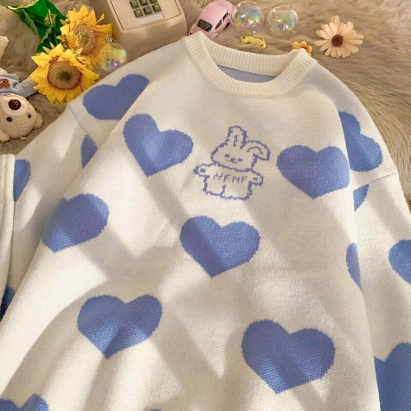 Kawaii Aesthetic Blue Bunny Hearts Sweater - Y2K Summer, 90s Grunge, Retro Pastel Goth Outfit