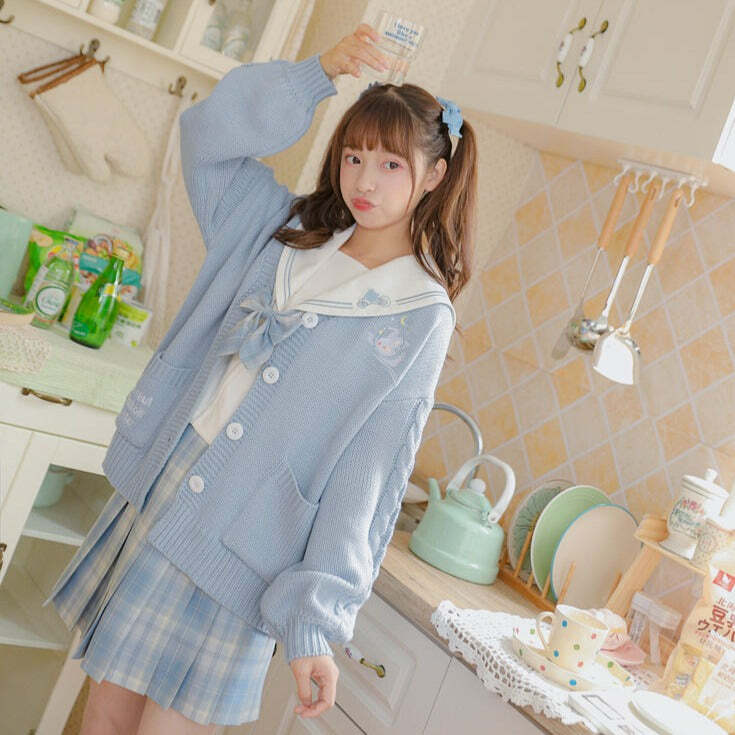 Kawaii Aesthetic Blue Cardigan Sweater - Y2K Summer, 90s Fashion, Grunge, Retro, Pastel Goth