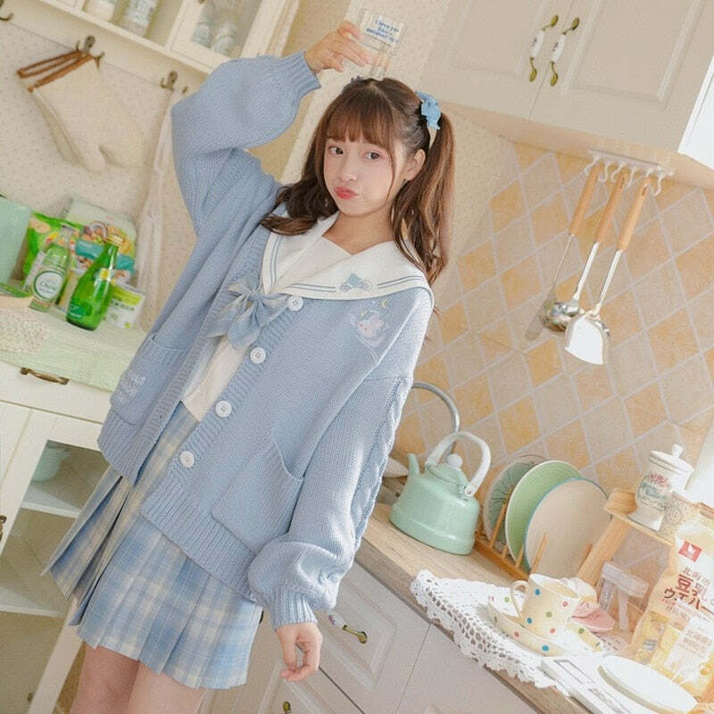 Kawaii Aesthetic Blue Cardigan Sweater - Y2K Summer, 90s Fashion, Grunge, Retro, Pastel Goth