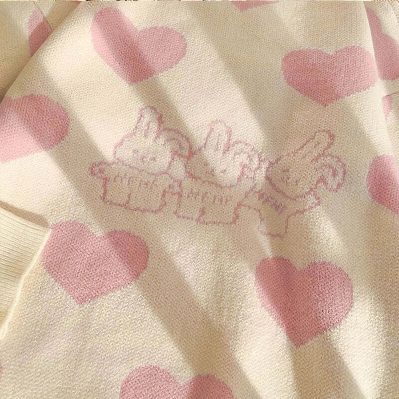 Kawaii Aesthetic Pink Bunny Hearts Sweater - Y2K Summer, 90s Grunge, Retro Pastel Goth Outfit