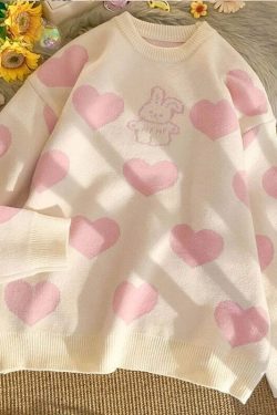 Kawaii Aesthetic Pink Bunny Hearts Sweater - Y2K Summer, 90s Grunge, Retro Pastel Goth Outfit