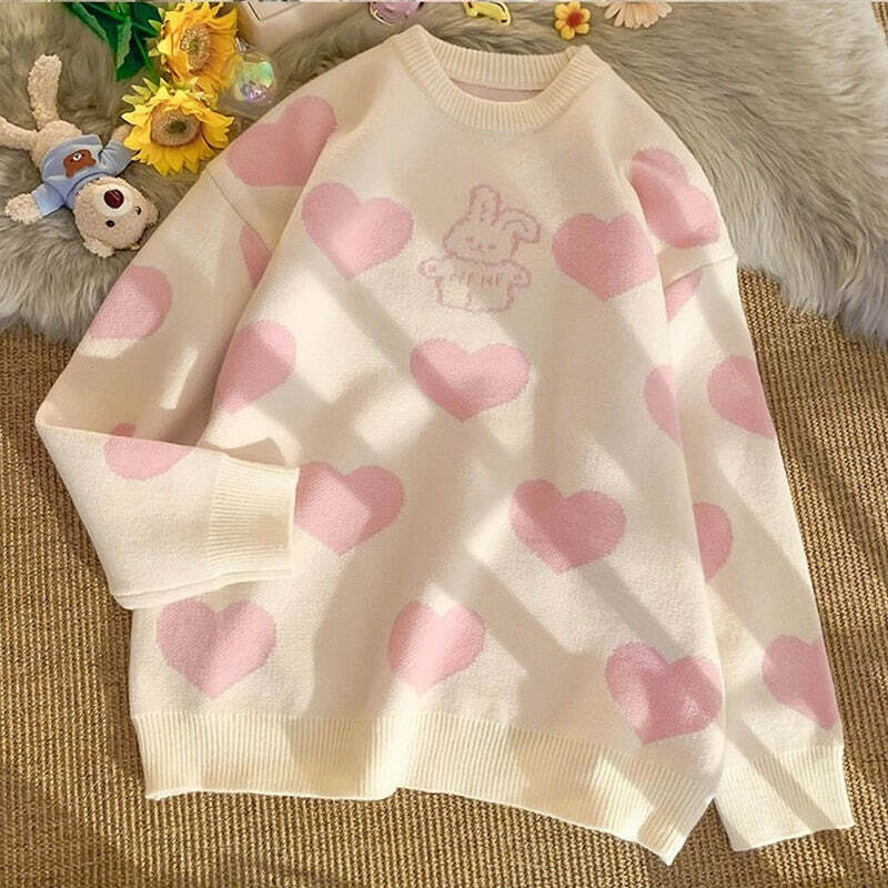 Kawaii Aesthetic Pink Bunny Hearts Sweater - Y2K Summer, 90s Grunge, Retro Pastel Goth Outfit