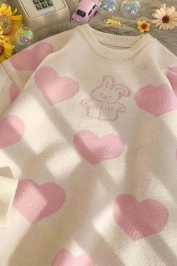 Kawaii Aesthetic Pink Bunny Hearts Sweater - Y2K Summer, 90s Grunge, Retro Pastel Goth Outfit