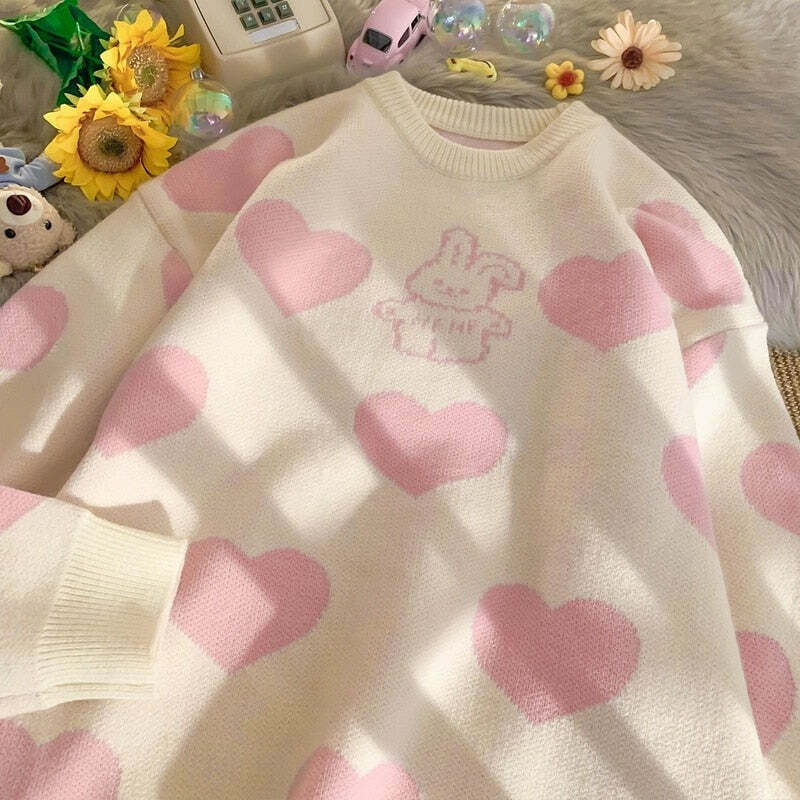Kawaii Aesthetic Pink Bunny Hearts Sweater - Y2K Summer, 90s Grunge, Retro Pastel Goth Outfit