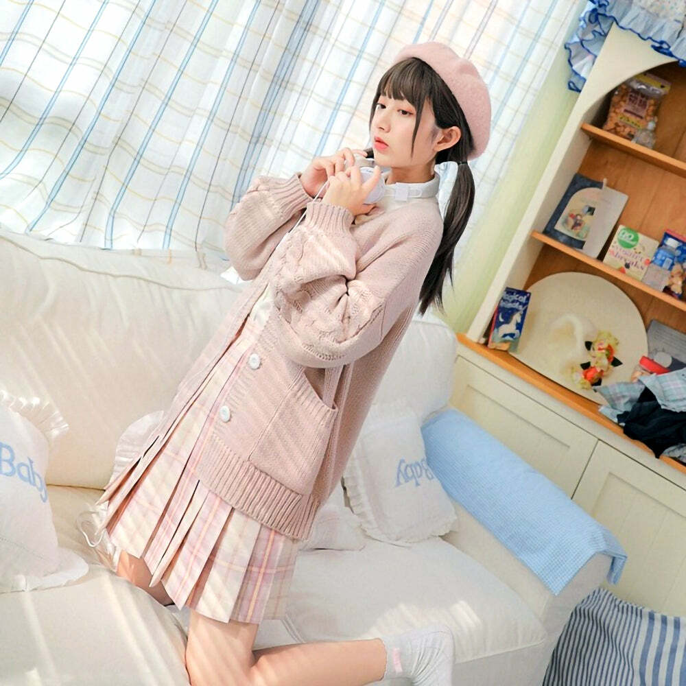 Kawaii Aesthetic Pink Cardigan Sweater - Y2K Summer, 90s Grunge, Retro Pastel Goth Fashion