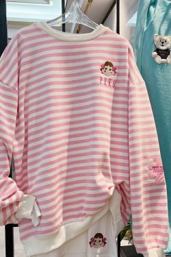 Kawaii Aesthetic White Pink Striped Sweatshirt - Y2K Summer, 90s Grunge, Retro Pastel Goth Fashion