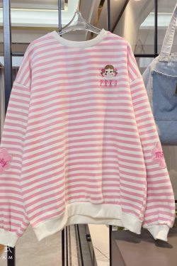 Kawaii Aesthetic White Pink Striped Sweatshirt - Y2K Summer, 90s Grunge, Retro Pastel Goth Fashion